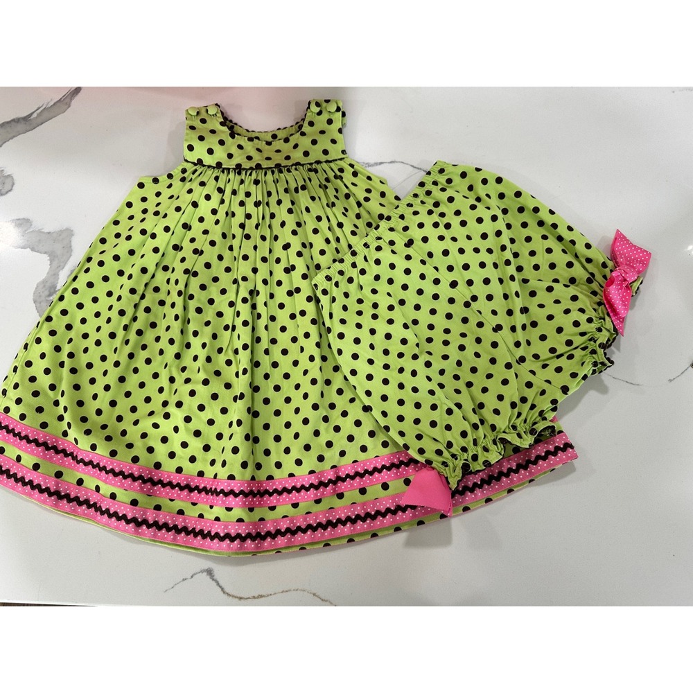 Peaches n Cream Baby Girl Dress Bloomer Set 18M Green Brown Polka Dot Pink‎